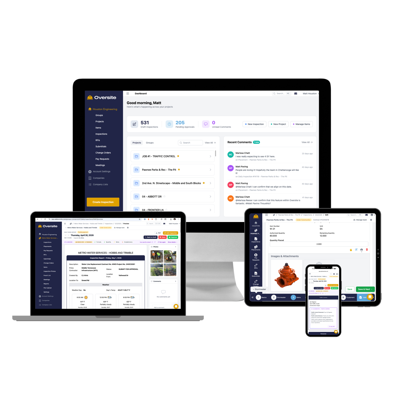 The Oversite platform shown across a desktop monitor, laptop, tablet, and phone
