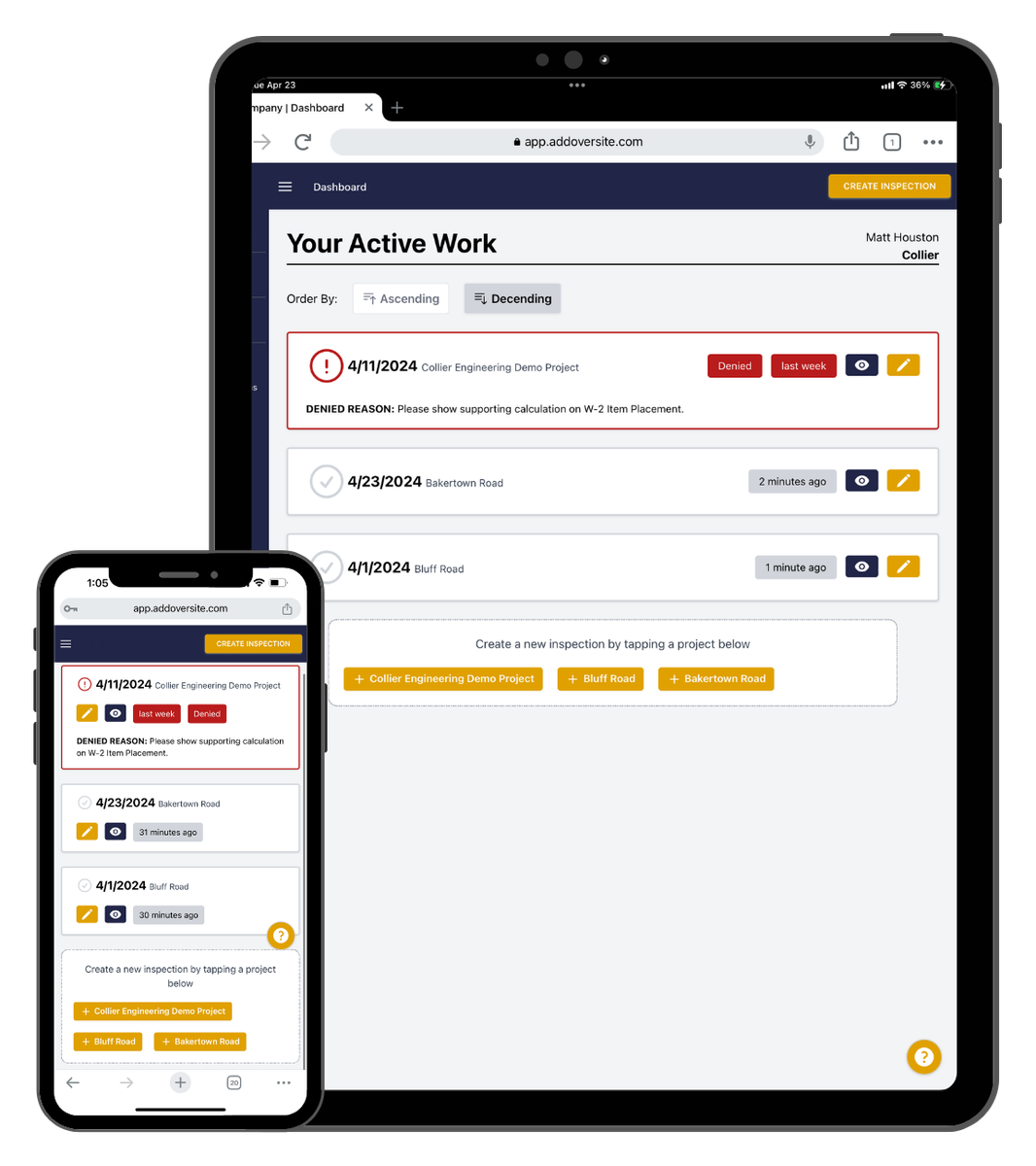Oversite daily work report dashboard shown on a tablet and phone